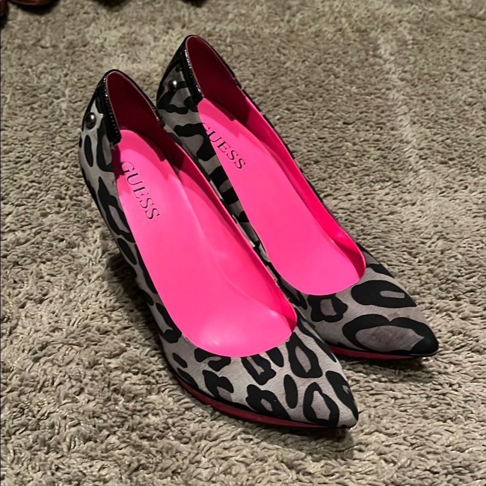 GUESS Women's Leopard Print Heels - Pink and Black